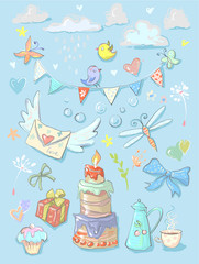 Set collection with birthday party elements and birds vector cute childish style illustration