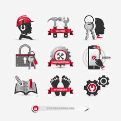 set of user interface icons containing: login and register symbols, account and profile setting buttons, mobile and web elements for website templates, flat, 3d style signs, eps10 vector illustration