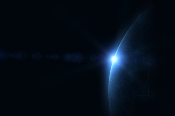 Obraz premium Artystyczna sieć globu cyberprzestrzeni z promieni słonecznych refleksji kopia przestrzeń ilustracji tła. Widok z kosmosu.