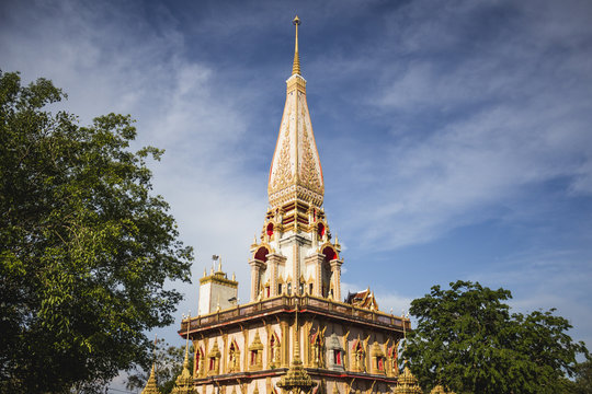 The details of Pagoda of Wat Chalong (or formally Wat Chaiyathararam) - the most important of the 29 buddhist temples of Phuket, located in the Chalong Subdistrict, Mueang Phuket District, Thailand