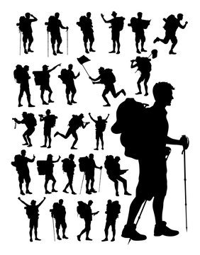 Hiker silhouette detail silhouette. Vector, illustration. Good use for symbol, logo, web icon, mascot, sign, or any design you want.