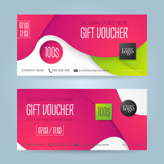 Vector set of modern gift vouchers in paper cut style. Template for gift cards, discount coupons and certificates with abstract background with green and pink waves. Isolated from the background.