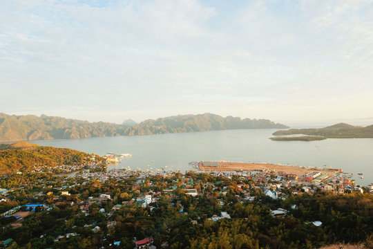 View of famous Coron town in Palawan Philippines from Mount Tapyas During Sunset