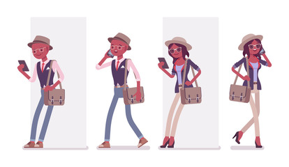 Black intelligent smart casual man and attractive woman with smartphone