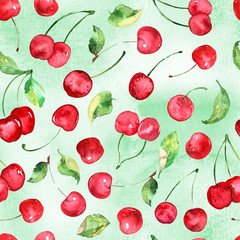 Watercolor Cherries fruit seamless pattern on watercolor green background
