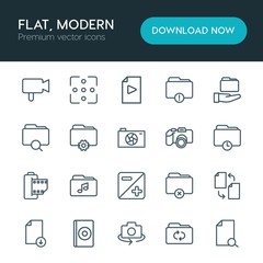 Modern Simple Set of folder, video, photos, files Vector outline Icons. ..Contains such Icons as  light, dvd,  icon, background,  vector and more on white background. Fully Editable. Pixel Perfect