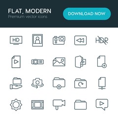Modern Simple Set of folder, video, photos, files Vector outline Icons. ..Contains such Icons as camera,  data, message,  back, folder,  tv and more on white background. Fully Editable. Pixel Perfect