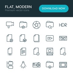 Obraz premium Modern Simple Set of folder, video, photos, files Vector outline Icons. ..Contains such Icons as business, document, file, hdr, film, box and more on white background. Fully Editable. Pixel Perfect