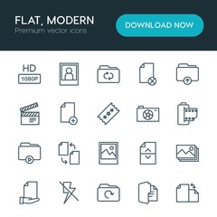 Modern Simple Set of folder, video, photos, files Vector outline Icons. ..Contains such Icons as portrait, add,  illustration, internet,  tv and more on white background. Fully Editable. Pixel Perfect