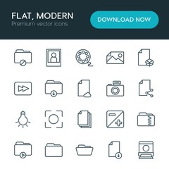Modern Simple Set of folder, video, photos, files Vector outline Icons. ..Contains such Icons as portrait,  cinema,  iso,  entertainment and more on white background. Fully Editable. Pixel Perfect