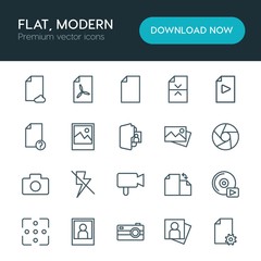 Modern Simple Set of folder, video, photos, files Vector outline Icons. ..Contains such Icons as portrait,  internet,  secret,  play,  cd and more on white background. Fully Editable. Pixel Perfect