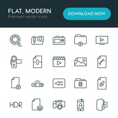 Modern Simple Set of folder, video, photos, files Vector outline Icons. ..Contains such Icons as camera,  office,  lens,  attach,  film, hdr and more on white background. Fully Editable. Pixel Perfect