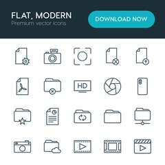 Modern Simple Set of folder, video, photos, files Vector outline Icons. ..Contains such Icons as  data,  cinema, document,  icon,  space, hd and more on white background. Fully Editable. Pixel Perfect
