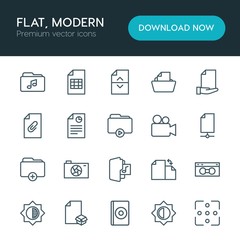 Modern Simple Set of folder, video, photos, files Vector outline Icons. ..Contains such Icons as  compact,  bright,  cassette, internet, dvd and more on white background. Fully Editable. Pixel Perfect