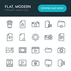 Modern Simple Set of folder, video, photos, files Vector outline Icons. ..Contains such Icons as lens,  document,  empty,  digital,  pocket and more on white background. Fully Editable. Pixel Perfect