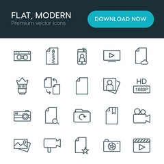 Modern Simple Set of folder, video, photos, files Vector outline Icons. ..Contains such Icons as  video,  picture,  zip,  space,  star,  vhs and more on white background. Fully Editable. Pixel Perfect