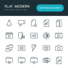 Modern Simple Set of folder, video, photos, files Vector outline Icons. ..Contains such Icons as hd,  file,  data,  attach, bulb,  lightbulb and more on white background. Fully Editable. Pixel Perfect