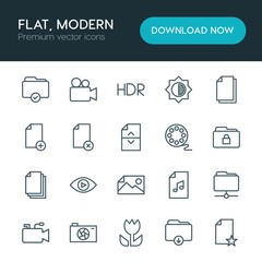 Modern Simple Set of folder, video, photos, files Vector outline Icons. ..Contains such Icons as  icon,  vector,  download,  delete,  data and more on white background. Fully Editable. Pixel Perfect