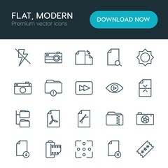 Modern Simple Set of folder, video, photos, files Vector outline Icons. ..Contains such Icons as  technology,  icon,  space, remove, rewind and more on white background. Fully Editable. Pixel Perfect