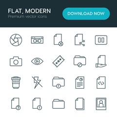 Modern Simple Set of folder, video, photos, files Vector outline Icons. ..Contains such Icons as portrait,  vhs,  shot, video,  lens, camera and more on white background. Fully Editable. Pixel Perfect