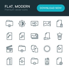 Modern Simple Set of folder, video, photos, files Vector outline Icons. ..Contains such Icons as  file, music,  data,  zip,  black,  scenery and more on white background. Fully Editable. Pixel Perfect