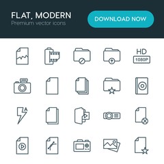 Modern Simple Set of folder, video, photos, files Vector outline Icons. ..Contains such Icons as  technology,  movie,  photo, camera,  tv and more on white background. Fully Editable. Pixel Perfect