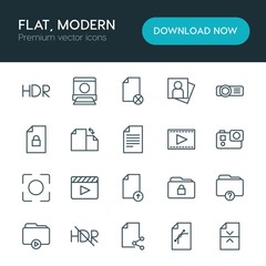 Modern Simple Set of folder, video, photos, files Vector outline Icons. ..Contains such Icons as  sign,  computer,  picture,  block, file and more on white background. Fully Editable. Pixel Perfect