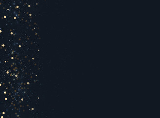 Abstract navy blue blurred background with bokeh and gold glitter left side.