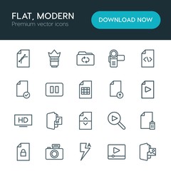 Modern Simple Set of folder, video, photos, files Vector outline Icons. ..Contains such Icons as  technology,  objective, folder,  button and more on white background. Fully Editable. Pixel Perfect