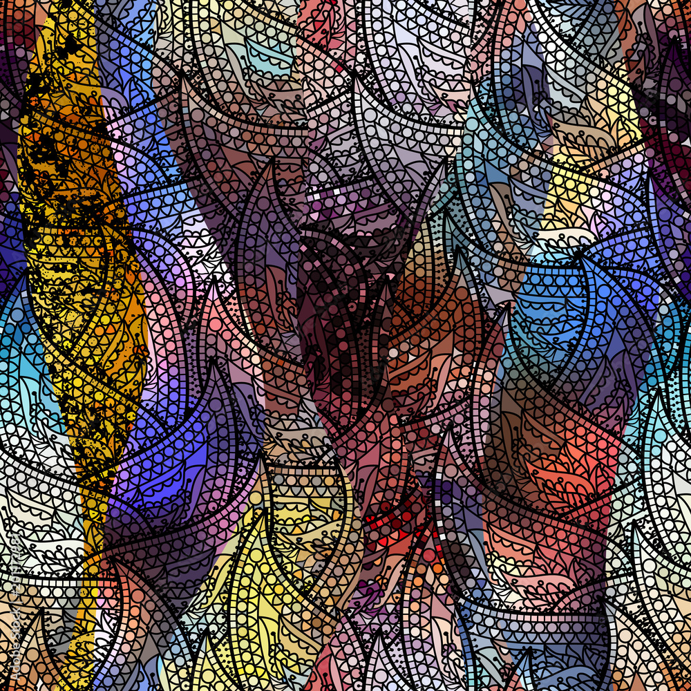 Poster low poly ornamental texture based on decorative elements paisley. seamless pattern in indian style.
