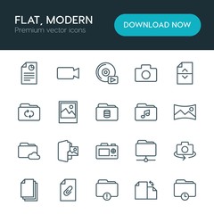 Modern Simple Set of folder, video, photos, files Vector outline Icons. ..Contains such Icons as player, network,  television, time,  report and more on white background. Fully Editable. Pixel Perfect