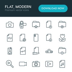 Modern Simple Set of folder, video, photos, files Vector outline Icons. ..Contains such Icons as  error, upload,  icon,  pocket, file,  shot and more on white background. Fully Editable. Pixel Perfect