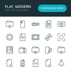 Modern Simple Set of folder, video, photos, files Vector outline Icons. ..Contains such Icons as  data,  document,  icon,  light,  text,  tv and more on white background. Fully Editable. Pixel Perfect
