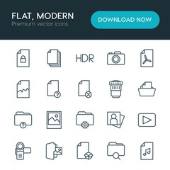 Modern Simple Set of folder, video, photos, files Vector outline Icons. ..Contains such Icons as camera,  illustration, video, box,  home and more on white background. Fully Editable. Pixel Perfect