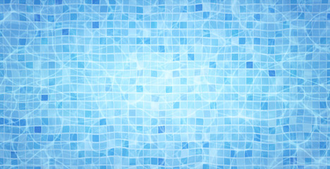 Swimming pool bottom caustics ripple and flow with waves background. Summer background. Texture of water surface. Overhead view. Vector background.