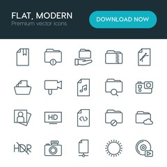 Modern Simple Set of folder, video, photos, files Vector outline Icons. ..Contains such Icons as  folder,  play,  travel,  lens,  video,  cd and more on white background. Fully Editable. Pixel Perfect