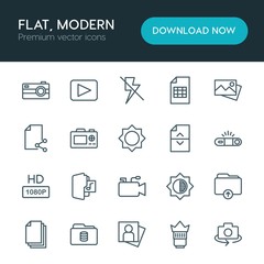 Modern Simple Set of folder, video, photos, files Vector outline Icons. ..Contains such Icons as  database, image,  equipment, business and more on white background. Fully Editable. Pixel Perfect