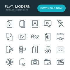 Modern Simple Set of folder, video, photos, files Vector outline Icons. ..Contains such Icons as  data,  camera,  photography,  file, stop and more on white background. Fully Editable. Pixel Perfect