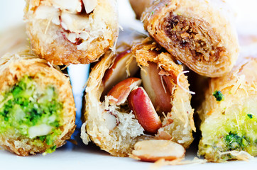 Middle eastern dessert baklava on white background. Free space for your text.