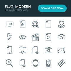 Modern Simple Set of folder, video, photos, files Vector outline Icons. ..Contains such Icons as  file,  attach,  vector,  sky, add,  mobile and more on white background. Fully Editable. Pixel Perfect