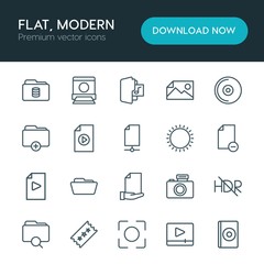 Obraz premium Modern Simple Set of folder, video, photos, files Vector outline Icons. ..Contains such Icons as compact, paper, business, cd, internet and more on white background. Fully Editable. Pixel Perfect