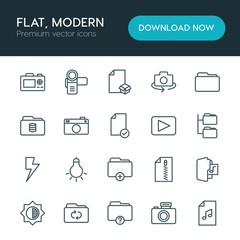 Modern Simple Set of folder, video, photos, files Vector outline Icons. ..Contains such Icons as  people,  photography,  design, video,  zip and more on white background. Fully Editable. Pixel Perfect