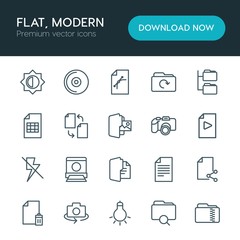 Modern Simple Set of folder, video, photos, files Vector outline Icons. ..Contains such Icons as  delete,  computer, disc, folder, network and more on white background. Fully Editable. Pixel Perfect