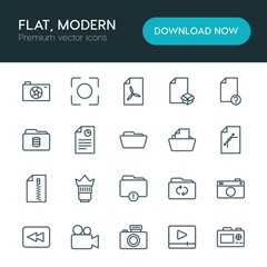 Modern Simple Set of folder, video, photos, files Vector outline Icons. ..Contains such Icons as  database,  media, player,  equipment, lens and more on white background. Fully Editable. Pixel Perfect