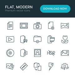 Modern Simple Set of folder, video, photos, files Vector outline Icons. ..Contains such Icons as remove,  symbol,  camera,  film,  picture and more on white background. Fully Editable. Pixel Perfect