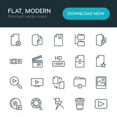 Modern Simple Set of folder, video, photos, files Vector outline Icons. ..Contains such Icons as  music,  file,  background,  modern, file and more on white background. Fully Editable. Pixel Perfect