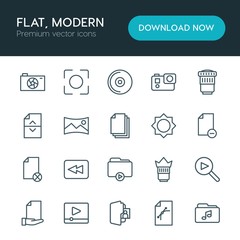 Modern Simple Set of folder, video, photos, files Vector outline Icons. ..Contains such Icons as  data, player,  graphic,  business,  paper and more on white background. Fully Editable. Pixel Perfect