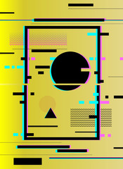 Digital glitch, abstract composition with geometric shapes on yellow background