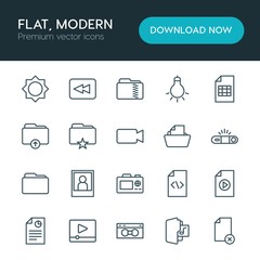 Modern Simple Set of folder, video, photos, files Vector outline Icons. ..Contains such Icons as  old,  office,  design,  vhs,  flash,  file and more on white background. Fully Editable. Pixel Perfect
