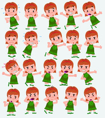 Cartoon character girl. Set with different postures, attitudes and poses, always in negative attitude, doing different activities in vector illustrations.
